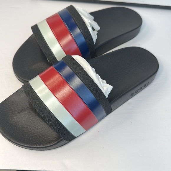 New 💯Authentic GUCCI WEB RUBBER SLIDE IN BLACK/Blue / Red &White Sandals - Picture 3 of 11